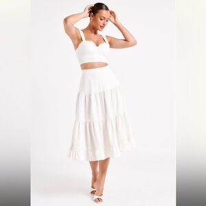 Meshki Hilaria Cupped Linen Crop Top & Tiered Linen Midi Skirt- White XS